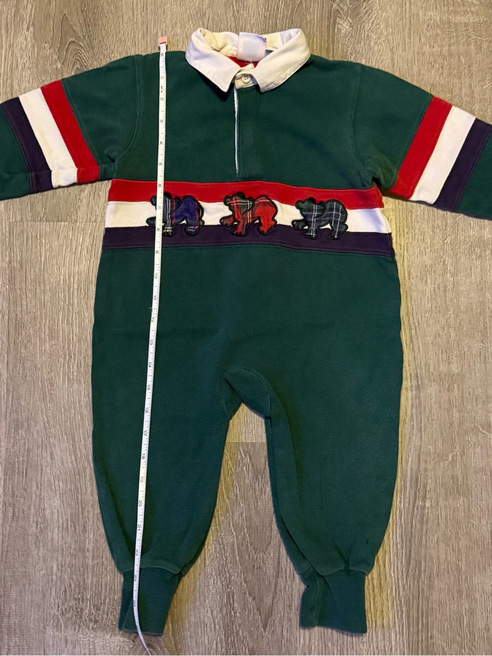 Vintage authentic baby Kids Green One-Piece Romper with Red & White Stripes
